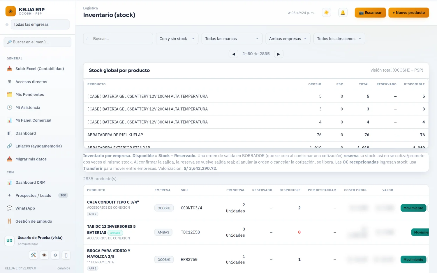 Inventario en KELUA ERP — stock, costos y kardex
