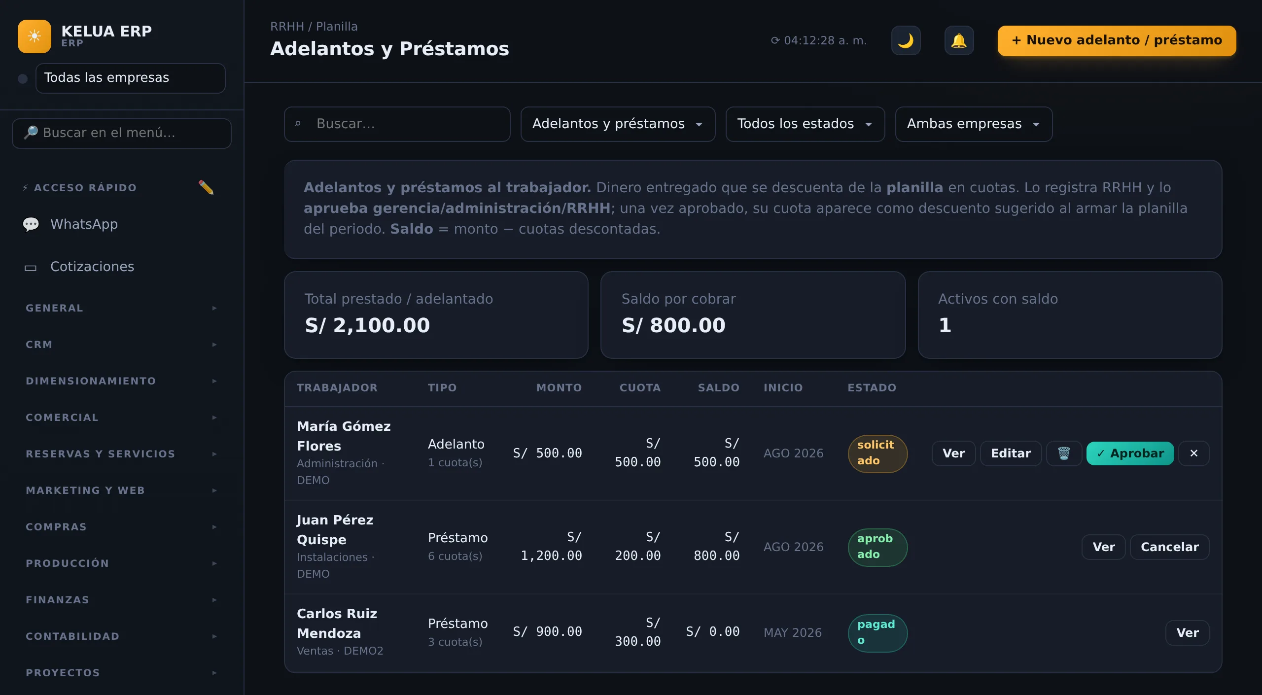 Adelanto de sueldo y préstamos con cuotas descontadas en planilla en KELUA
