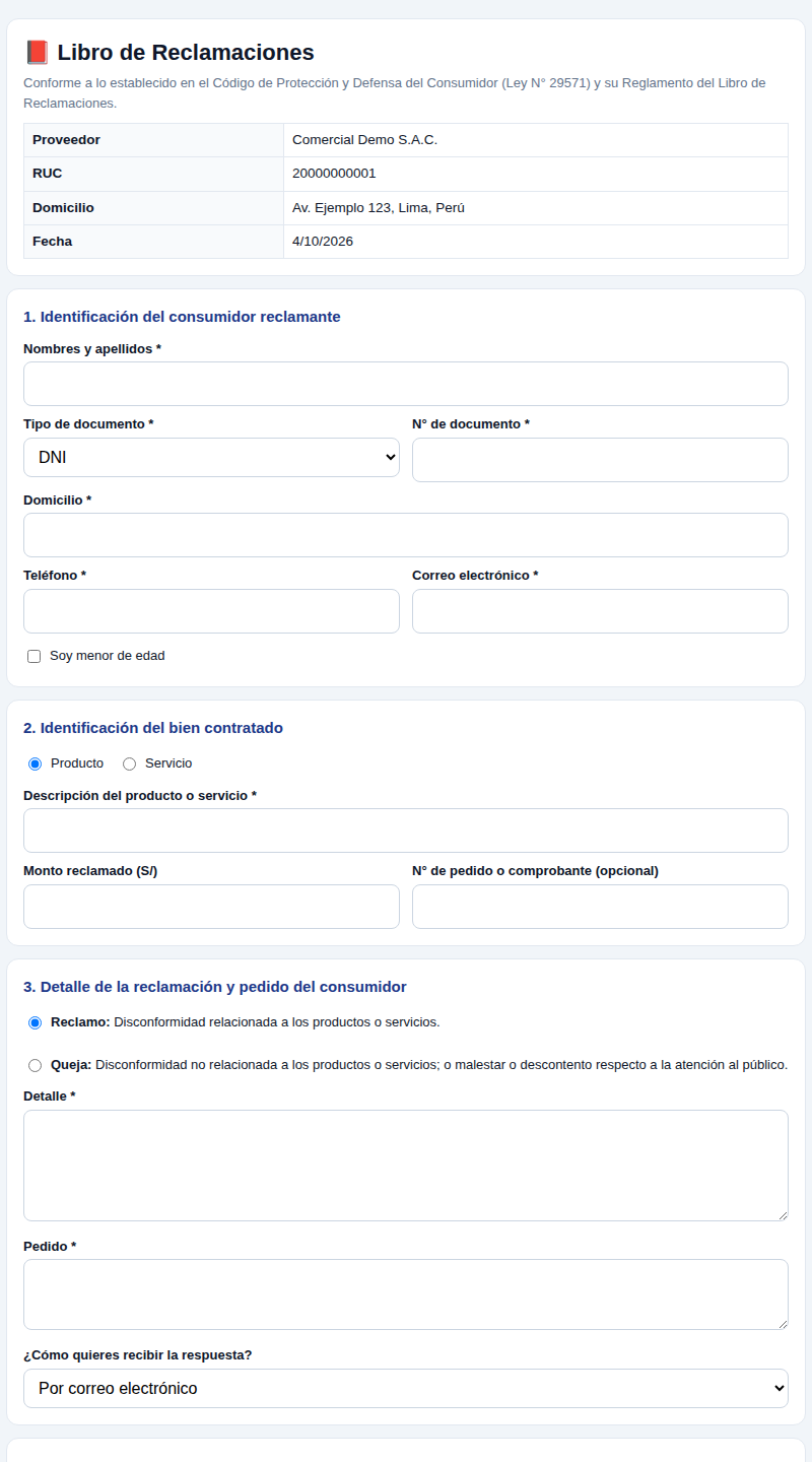 Hoja de reclamación virtual con datos del proveedor, identificación del consumidor, bien contratado y tipo reclamo o queja