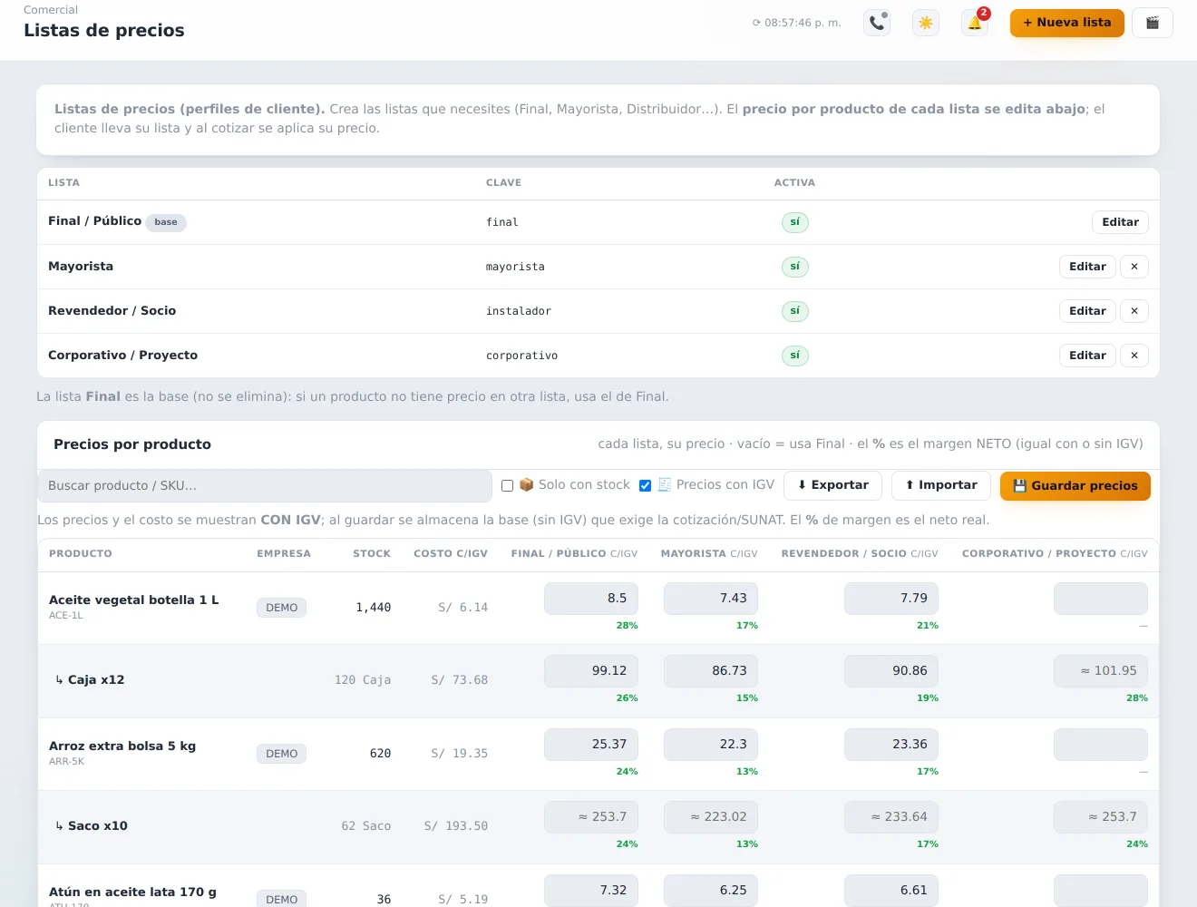 Matriz de listas de precios en KELUA con precios Final, Mayorista, Revendedor y Corporativo, precio por caja y margen neto