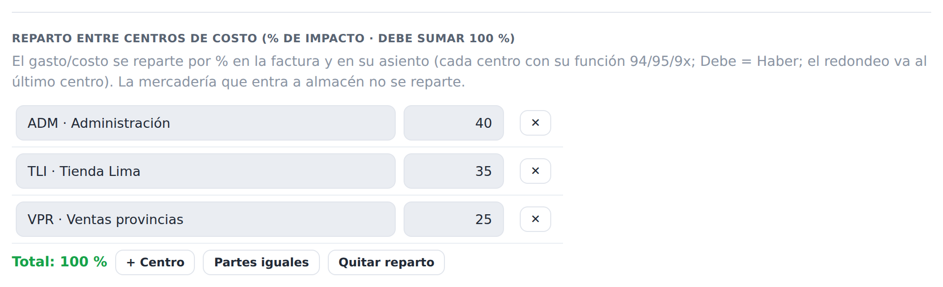 Reparto de un gasto entre tres centros de costo por porcentaje en una orden de compra de KELUA