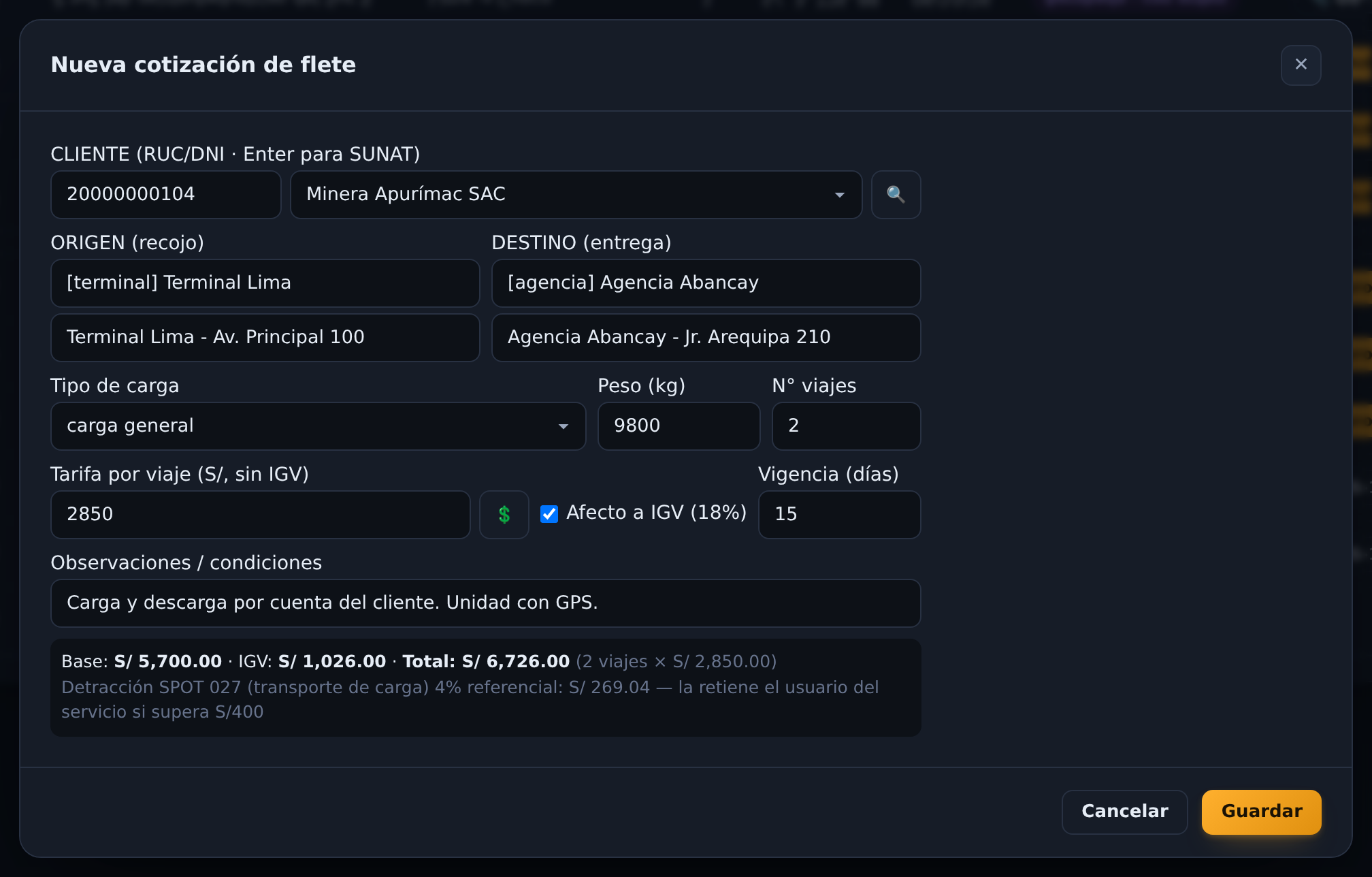 Formulario para cotizar un flete en KELUA con base, IGV, total y detracción 027 calculados