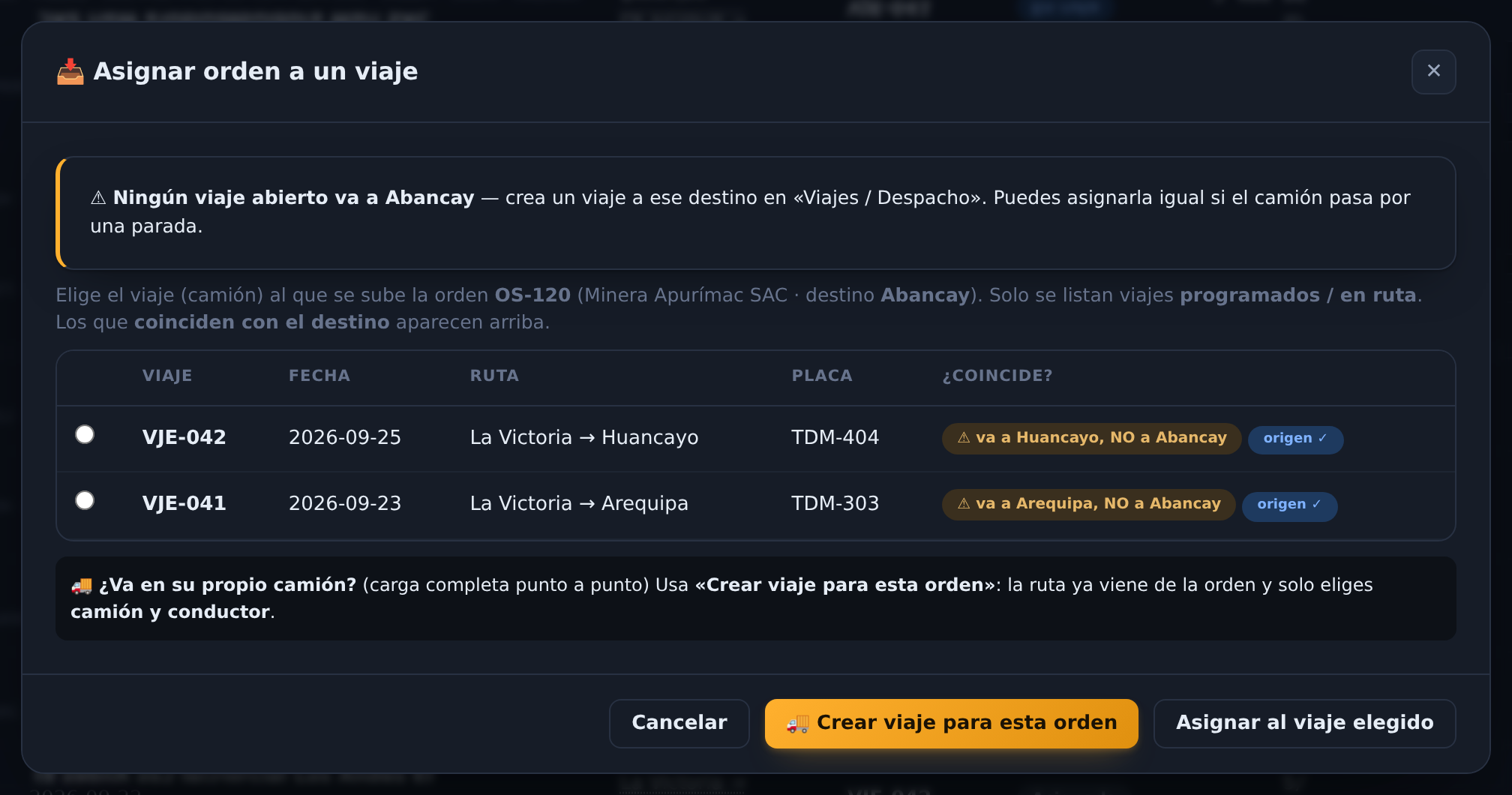 Botón Crear viaje para esta orden en KELUA para despachar una carga completa punto a punto
