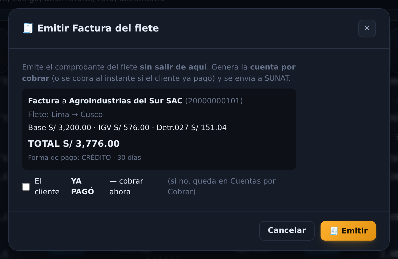Factura del flete en KELUA con base, IGV y detracción 027 al 4%