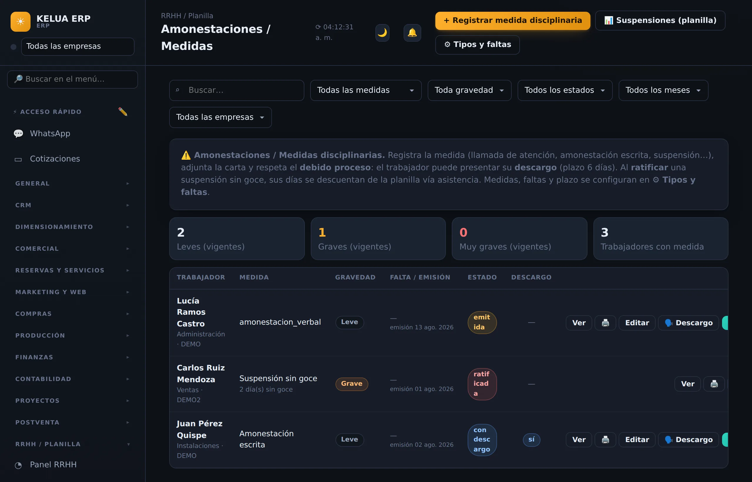 Registro de carta de amonestación laboral y medidas disciplinarias en KELUA