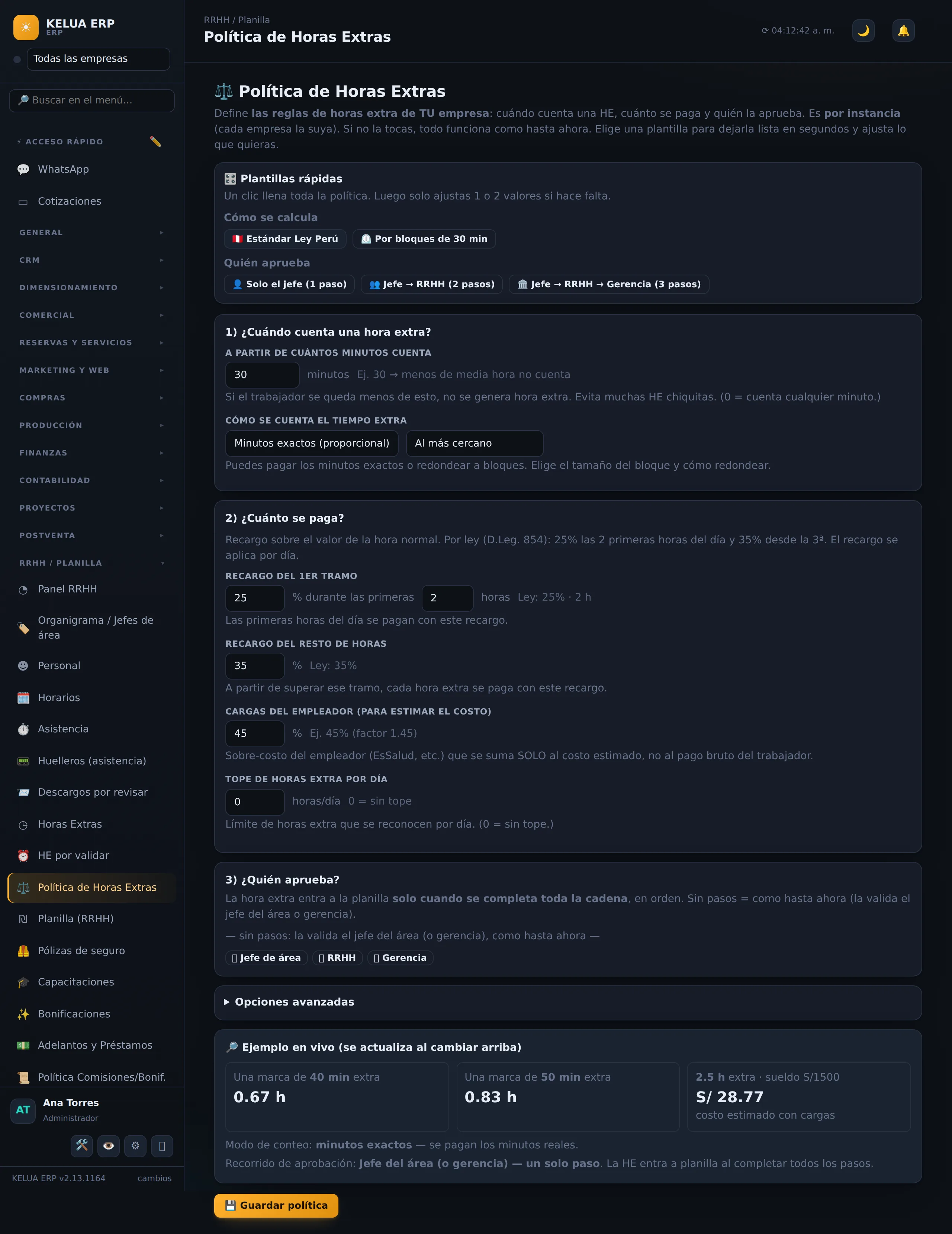 Política de horas extras configurable (25% y 35%) en KELUA