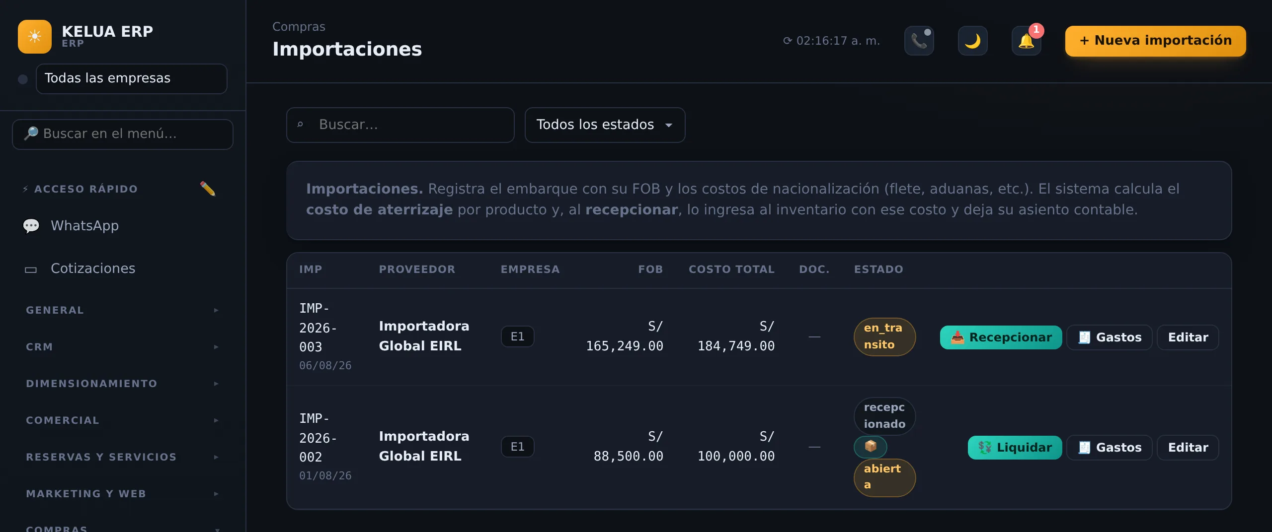 Módulo de Importaciones de KELUA: costo de aterrizaje (landed cost) con FOB, flete y aduanas prorrateados por producto