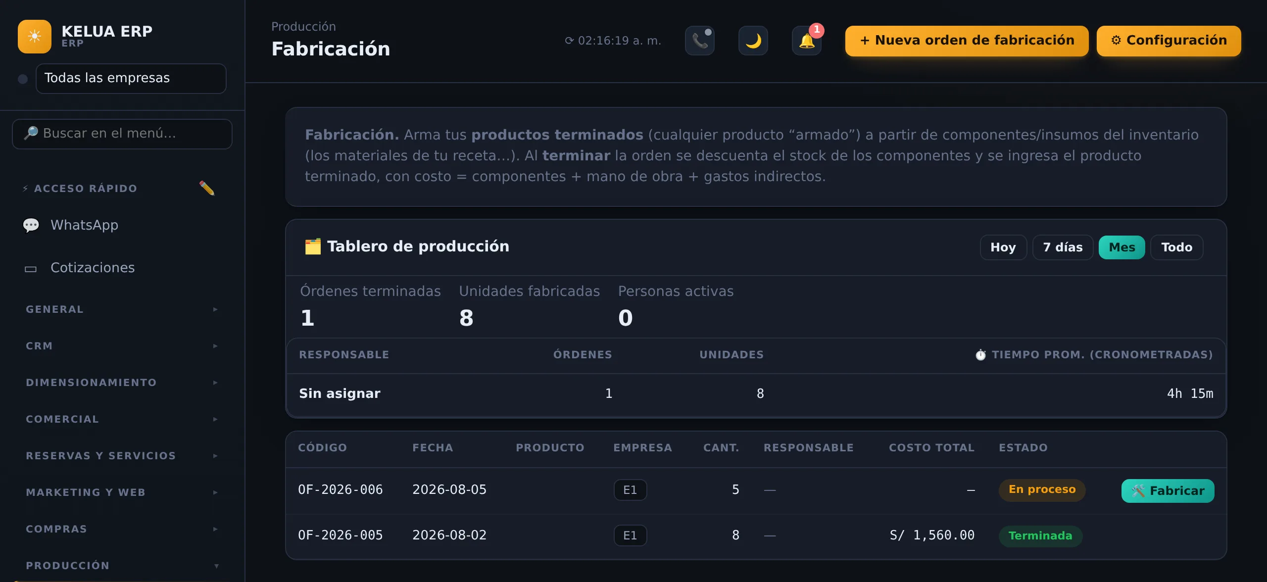 Módulo de Fabricación de KELUA: órdenes de producción con receta/BOM y costo del producto terminado