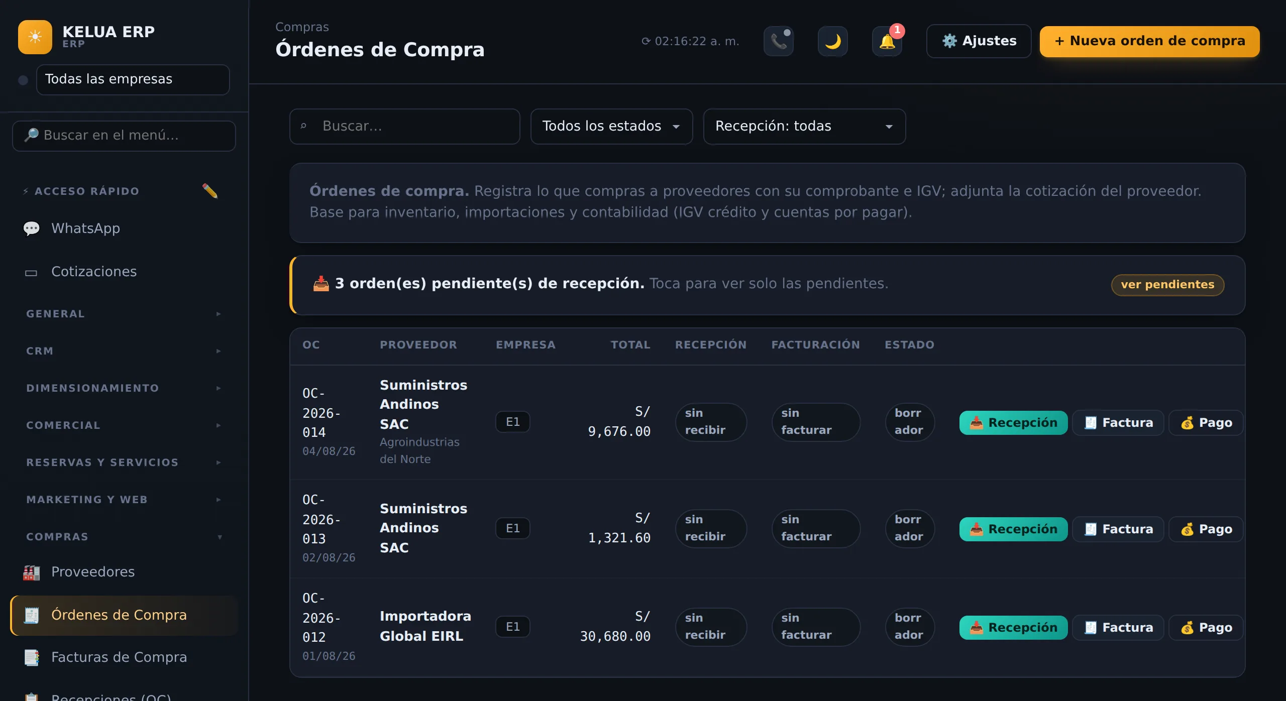 Módulo de Compras de KELUA: órdenes de compra, recepciones y facturas del proveedor con IGV y cuentas por pagar