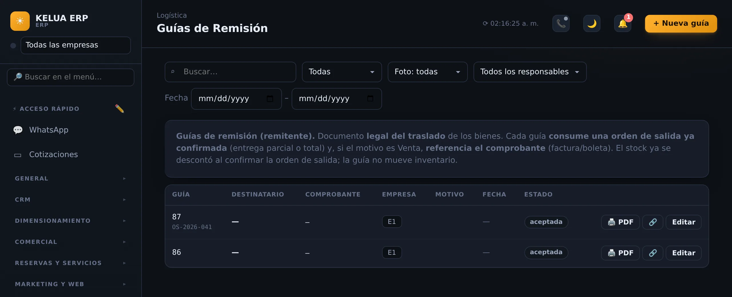 Guías de Remisión Electrónica (GRE) SUNAT en KELUA, enlazadas a la orden de salida y el despacho