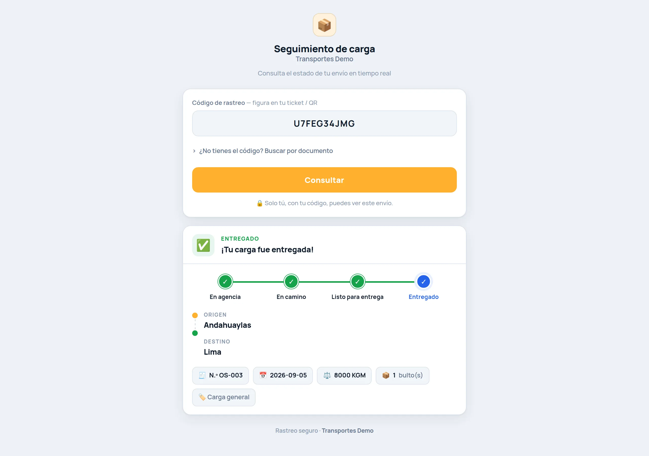 Rastreo de carga para clientes en un software TMS para transporte de carga: línea de tiempo del envío con código de rastreo
