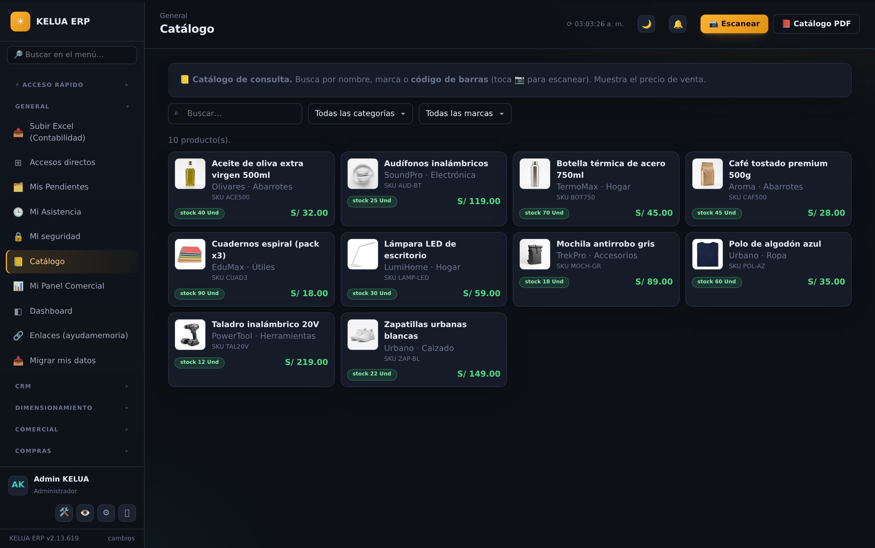 KELUA valoriza el inventario con costeo PEPS por capas — cada producto con su costo y stock.
